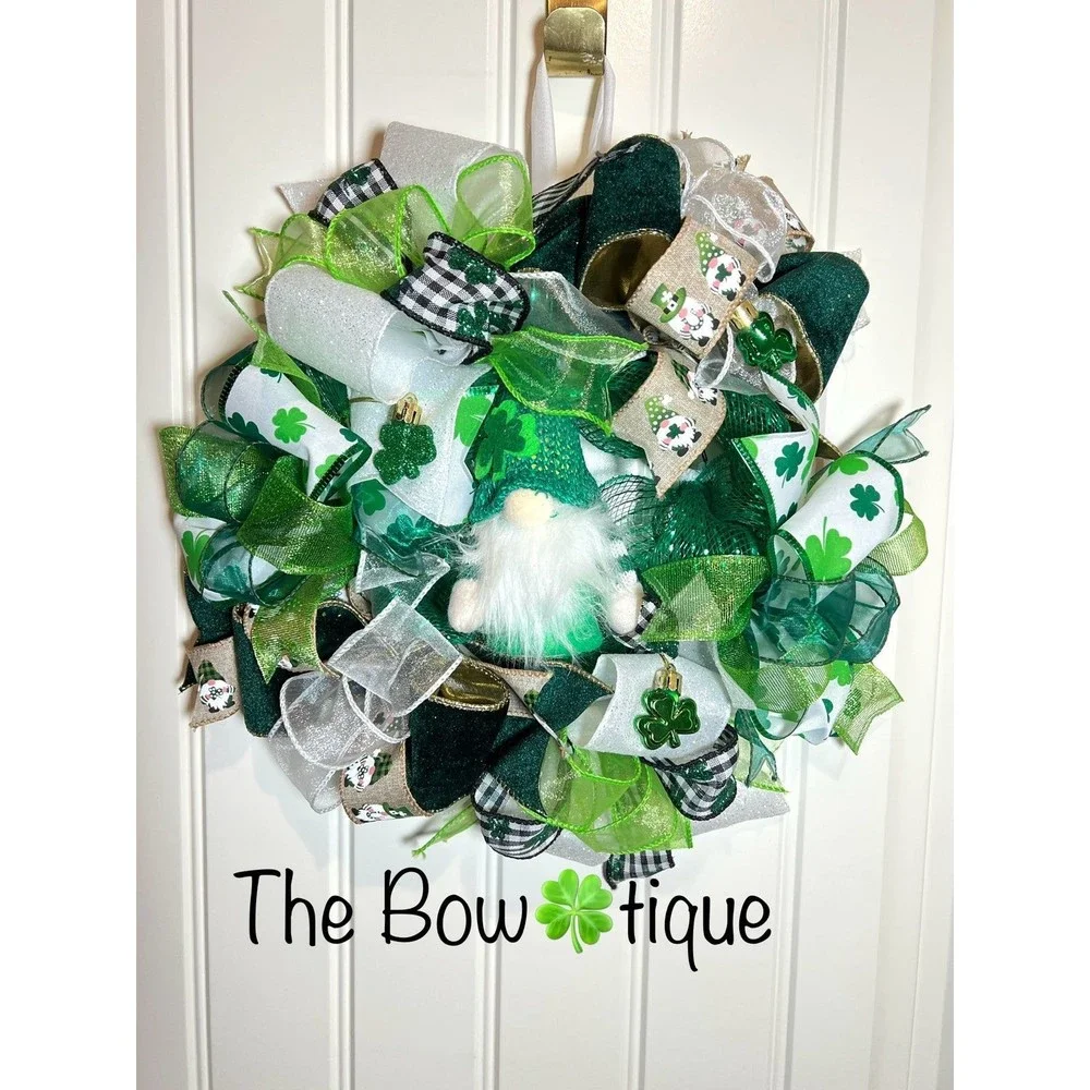13” St. Patrick’s Day Ribbon Wreath Gnomes : Green & White Handmade MW9